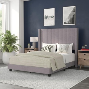 image:imageFlash Furniture Bianca Upholstered Platform Bed  Gray Velvet Upholstery  Full  Wingback Headboard  Slatted Mattress Foundation  No Box Spring NeededGray Velvet