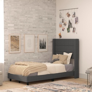 image:imageFlash Furniture Hollis Upholstered Platform Bed  Gray Faux Linen Wingback Headboard  Twin  Mattress Foundation with Slatted Supports  No Box Spring NeededCharcoal