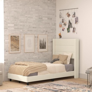 image:imageFlash Furniture Hollis Upholstered Platform Bed  Gray Faux Linen Wingback Headboard  Twin  Mattress Foundation with Slatted Supports  No Box Spring NeededBeige