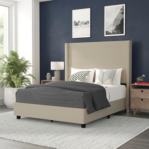 image:imageFlash Furniture Quinn Upholstered Platform Bed  Beige Channel Stitched Wingback Headboard  Twin  Mattress Foundation with Slatted Supports  No Box Spring NeededBeige