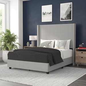 image:imageFlash Furniture Quinn Upholstered Platform Bed  Beige Channel Stitched Wingback Headboard  Twin  Mattress Foundation with Slatted Supports  No Box Spring NeededGrey