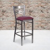 image:imageFlash Furniture 2 Pk HERCULES Series Clear Coated X Back Metal Restaurant Barstool  Mahogany Wood SeatBurgundy Vinyl SeatClear Coated Metal Frame
