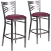image:imageFlash Furniture 2 Pk HERCULES Series Clear Coated X Back Metal Restaurant Barstool  Mahogany Wood SeatBurgundy Vinyl SeatClear Coated Metal Frame