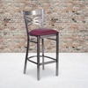 image:imageFlash Furniture 2 Pk HERCULES Series Clear Coated X Back Metal Restaurant Barstool  Mahogany Wood SeatBurgundy Vinyl SeatClear Coated Metal Frame