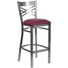 image:imageFlash Furniture 2 Pk HERCULES Series Clear Coated X Back Metal Restaurant Barstool  Mahogany Wood SeatBurgundy Vinyl SeatClear Coated Metal Frame
