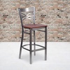 image:imageFlash Furniture 2 Pk HERCULES Series Clear Coated X Back Metal Restaurant Barstool  Mahogany Wood SeatCherry Wood SeatClear Coated Metal Frame
