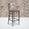 image:imageFlash Furniture 2 Pk HERCULES Series Clear Coated X Back Metal Restaurant Barstool  Mahogany Wood SeatCherry Wood SeatClear Coated Metal Frame