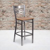 image:imageFlash Furniture 2 Pk HERCULES Series Clear Coated X Back Metal Restaurant Barstool  Mahogany Wood SeatNatural Wood SeatClear Coated Metal Frame