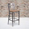 image:imageFlash Furniture 2 Pk HERCULES Series Clear Coated X Back Metal Restaurant Barstool  Mahogany Wood SeatNatural Wood SeatClear Coated Metal Frame