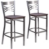 image:imageFlash Furniture 2 Pk HERCULES Series Clear Coated X Back Metal Restaurant Barstool  Mahogany Wood SeatWalnut Wood SeatClear Coated Metal Frame