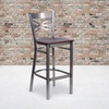 image:imageFlash Furniture 2 Pk HERCULES Series Clear Coated X Back Metal Restaurant Barstool  Mahogany Wood SeatWalnut Wood SeatClear Coated Metal Frame