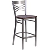 image:imageFlash Furniture 2 Pk HERCULES Series Clear Coated X Back Metal Restaurant Barstool  Mahogany Wood SeatWalnut Wood SeatClear Coated Metal Frame