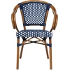 image:imageFlash Furniture Bordeaux IndoorOutdoor Commercial Bistro Stack Chair  Arms  BlackWhite PE Rattan Back and Seat  Natural Bamboo Print Metal Frame  4 PackNavy  WhiteNatural Frame