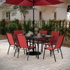 image:imageFlash Furniture Brazos Commercial Outdoor Dining Set 60 Tempered Glass Patio Table with Umbrella Hole 6 Stack Chairs with Flex Comfort Seats and Backs GrayBlackRed