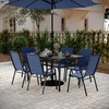 image:imageFlash Furniture Brazos Commercial Outdoor Dining Set 60 Tempered Glass Patio Table with Umbrella Hole 6 Stack Chairs with Flex Comfort Seats and Backs GrayBlackNavy