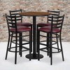 image:imageFlash Furniture Jamie 30 Round Mahogany Laminate Table Set with Round Base and 4 Ladder Back Metal Barstools  Black Vinyl SeatWalnut TopBurgundy Vinyl Seat