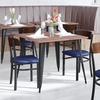 image:imageFlash Furniture Wright Commercial Dining Chair  Walnut Finish Wood Boomerang Back  Black Vinyl Seat  500 LB Capacity Black Steel Frame  Integrated FootrestWalnut Wood BackBlue Vinyl Seat