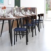 image:imageFlash Furniture Wright Commercial Dining Chair  Walnut Finish Wood Boomerang Back  Black Vinyl Seat  500 LB Capacity Black Steel Frame  Integrated FootrestWalnut Wood BackBlue Vinyl Seat