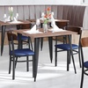 image:imageFlash Furniture Wright Commercial Dining Chair  Walnut Finish Wood Boomerang Back  Black Vinyl Seat  500 LB Capacity Black Steel Frame  Integrated FootrestWalnut Wood BackBlue Vinyl Seat