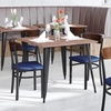 image:imageFlash Furniture Wright Commercial Dining Chair  Walnut Finish Wood Boomerang Back  Black Vinyl Seat  500 LB Capacity Black Steel Frame  Integrated FootrestWalnut Wood BackBlue Vinyl Seat