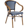 image:imageFlash Furniture Bordeaux IndoorOutdoor Commercial Bistro Stack Chair  Arms  BlackWhite PE Rattan Back and Seat  Natural Bamboo Print Metal Frame  4 PackNavy  WhiteNatural Frame