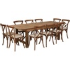 image:imageFlash Furniture HERCULES Series 8 x 40 Antique Rustic Folding Farm Table Set with 10 Cross Back Chairs and Cushions
