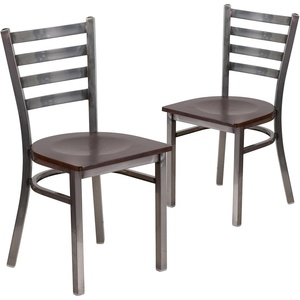 image:imageFlash Furniture 2 Pack HERCULES Series Clear Coated Ladder Back Metal Restaurant Chair  Natural Wood SeatWalnut Wood SeatClear Coated Metal Frame