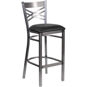 image:imageFlash Furniture 2 Pk HERCULES Series Clear Coated X Back Metal Restaurant Barstool  Mahogany Wood SeatBlack Vinyl SeatClear Coated Metal Frame