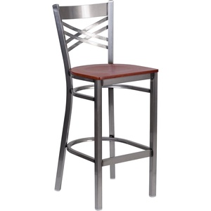 image:imageFlash Furniture 2 Pk HERCULES Series Clear Coated X Back Metal Restaurant Barstool  Mahogany Wood SeatCherry Wood SeatClear Coated Metal Frame
