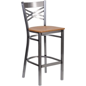 image:imageFlash Furniture 2 Pk HERCULES Series Clear Coated X Back Metal Restaurant Barstool  Mahogany Wood SeatNatural Wood SeatClear Coated Metal Frame