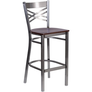 image:imageFlash Furniture 2 Pk HERCULES Series Clear Coated X Back Metal Restaurant Barstool  Mahogany Wood SeatWalnut Wood SeatClear Coated Metal Frame