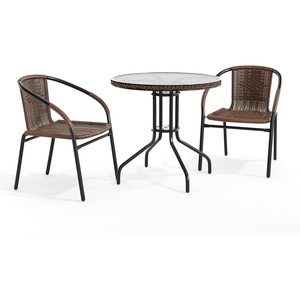 image:imageFlash Furniture 3Piece Patio Dining Set with Round Glass Metal Table and 2 Stackable Rattan Chairs IndoorOutdoor Bistro Table and Chairs Set GrayClearDark Brown