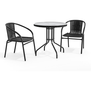 image:imageFlash Furniture 3Piece Patio Dining Set with Round Glass Metal Table and 2 Stackable Rattan Chairs IndoorOutdoor Bistro Table and Chairs Set GrayClearBlack