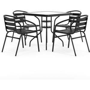 image:imageFlash Furniture 5Piece Patio Dining Set with 315 Square Glass Metal Table and 4 Stackable Slat Back Chairs IndoorOutdoor Bistro Set BlackBlack