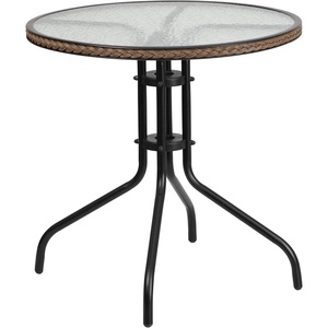 image:imageFlash Furniture Barker 28 Round Tempered Glass Metal Table with Gray Rattan EdgingClearDark Brown Rattan
