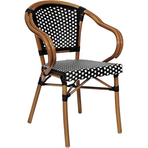 image:imageFlash Furniture Bordeaux IndoorOutdoor Commercial Bistro Stack Chair  Arms  BlackWhite PE Rattan Back and Seat  Natural Bamboo Print Metal Frame  4 PackBlack  WhiteNatural Frame