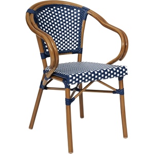 image:imageFlash Furniture Bordeaux IndoorOutdoor Commercial Bistro Stack Chair  Arms  BlackWhite PE Rattan Back and Seat  Natural Bamboo Print Metal Frame  4 PackNavy  WhiteNatural Frame
