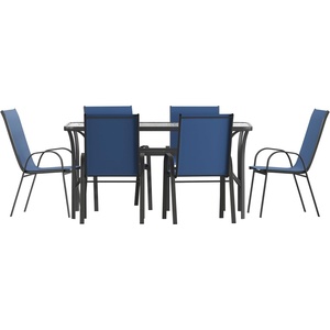 image:imageFlash Furniture Brazos Commercial Outdoor Dining Set 60 Tempered Glass Patio Table with Umbrella Hole 6 Stack Chairs with Flex Comfort Seats and Backs GrayBlackNavy