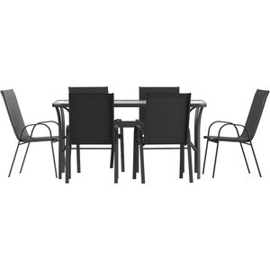 image:imageFlash Furniture Brazos Commercial Outdoor Dining Set 60 Tempered Glass Patio Table with Umbrella Hole 6 Stack Chairs with Flex Comfort Seats and Backs GrayBlackBlack
