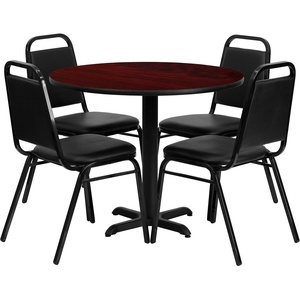 image:imageFlash Furniture Carlton 36 Round Natural Laminate Table Set with XBase and 4 Black Trapezoidal Back Banquet ChairsMahogany TopBlack Vinyl Seat