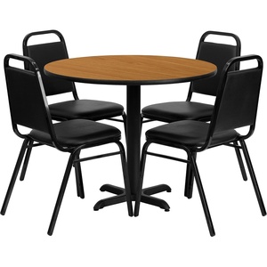 image:imageFlash Furniture Carlton 36 Round Natural Laminate Table Set with XBase and 4 Black Trapezoidal Back Banquet ChairsNatural TopBlack Vinyl Seat