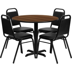 image:imageFlash Furniture Carlton 36 Round Natural Laminate Table Set with XBase and 4 Black Trapezoidal Back Banquet ChairsWalnut TopBlack Vinyl Seat