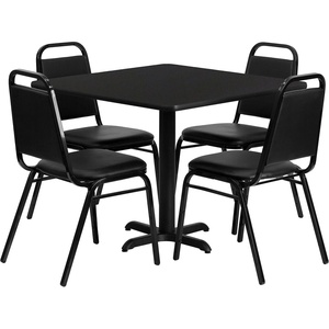 image:imageFlash Furniture Carlton 36 Square Walnut Laminate Table Set with XBase and 4 Black Trapezoidal Back Banquet ChairsBlack TopBlack Vinyl Seat