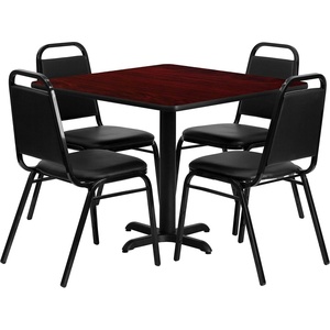 image:imageFlash Furniture Carlton 36 Square Walnut Laminate Table Set with XBase and 4 Black Trapezoidal Back Banquet ChairsMahogany TopBlack Vinyl Seat