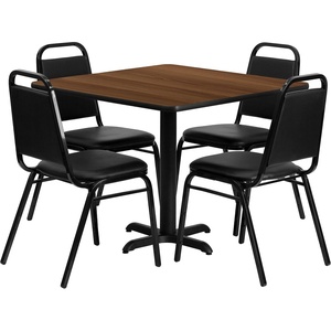 image:imageFlash Furniture Carlton 36 Square Walnut Laminate Table Set with XBase and 4 Black Trapezoidal Back Banquet ChairsWalnut TopBlack Vinyl Seat