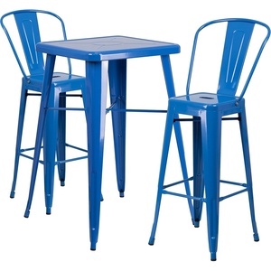 image:imageFlash Furniture Commercial Grade 2375 Square Blue Metal IndoorOutdoor Bar Table Set with 2 Stools with BacksBlue