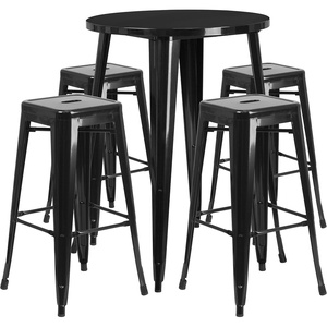image:imageFlash Furniture Commercial Grade 30 Round Black Metal IndoorOutdoor Bar Table Set with 4 Square Seat Backless StoolsBlack