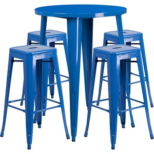 image:imageFlash Furniture Commercial Grade 30 Round Black Metal IndoorOutdoor Bar Table Set with 4 Square Seat Backless StoolsBlue