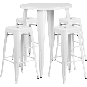 image:imageFlash Furniture Commercial Grade 30 Round Black Metal IndoorOutdoor Bar Table Set with 4 Square Seat Backless StoolsWhite