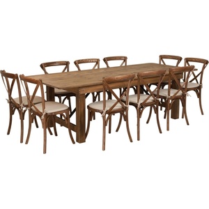 image:imageFlash Furniture HERCULES Series 8 x 40 Antique Rustic Folding Farm Table Set with 10 Cross Back Chairs and Cushions
